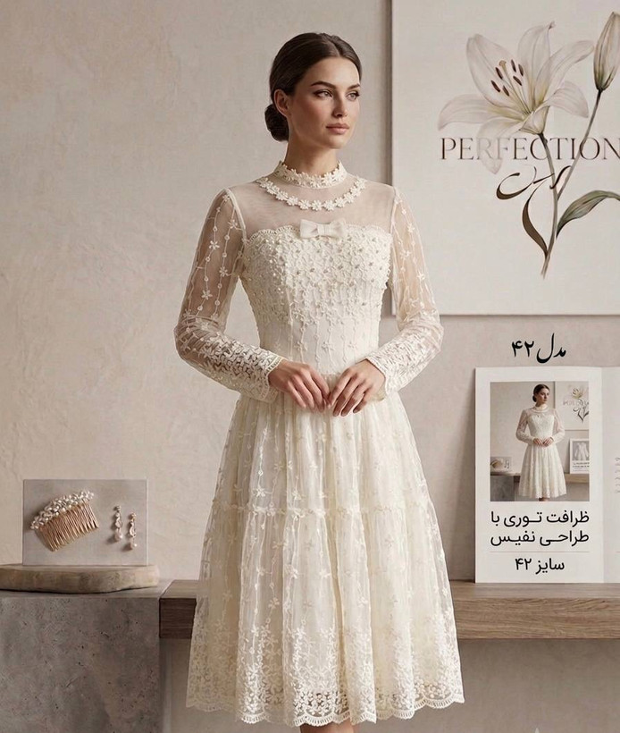 پیراهن زنانه دانتل شیری تک سایز ۴۰